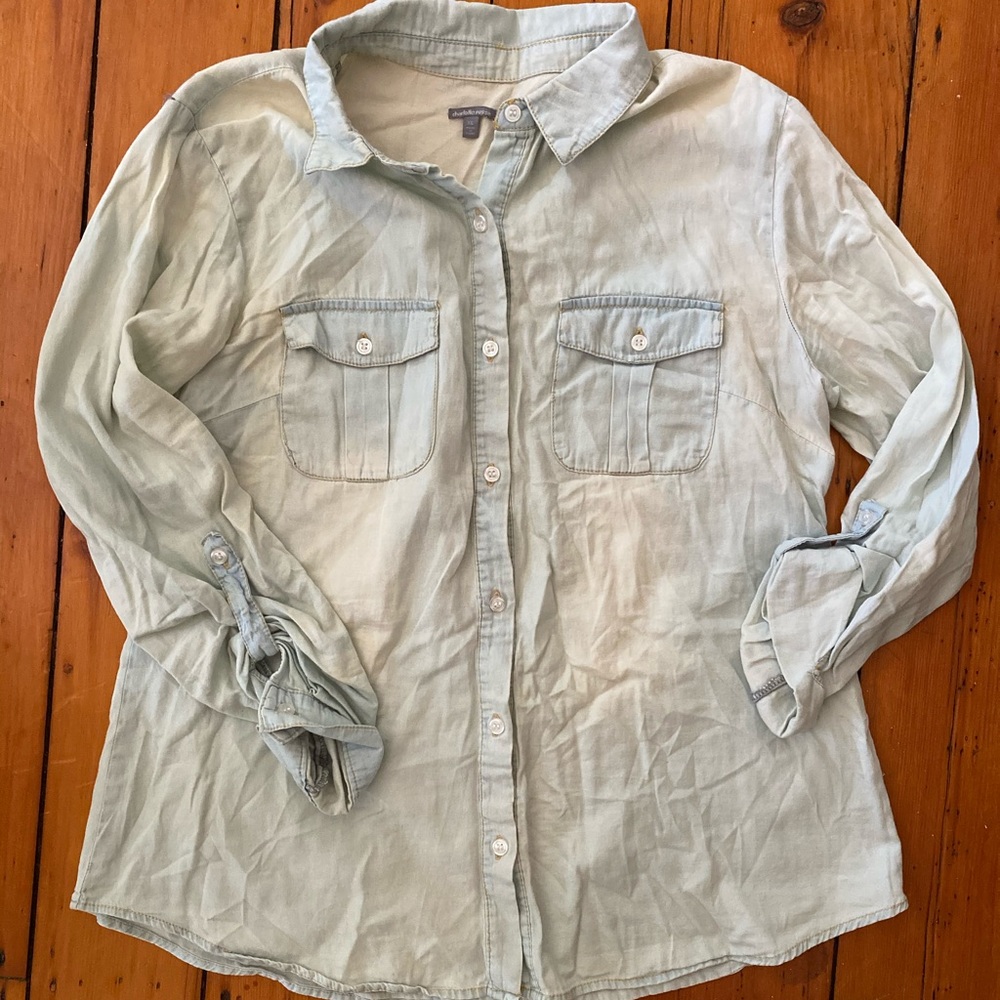 Distressed light wash button down shirt XL
